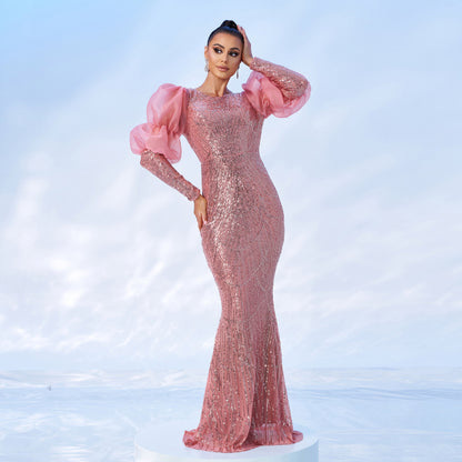 vivien sequin embellished puff sleeve bodycon maxi dress in pink
