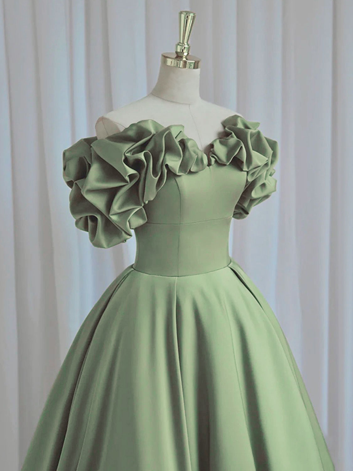 A-Line off Shoulder Satin Green Long Prom Dress