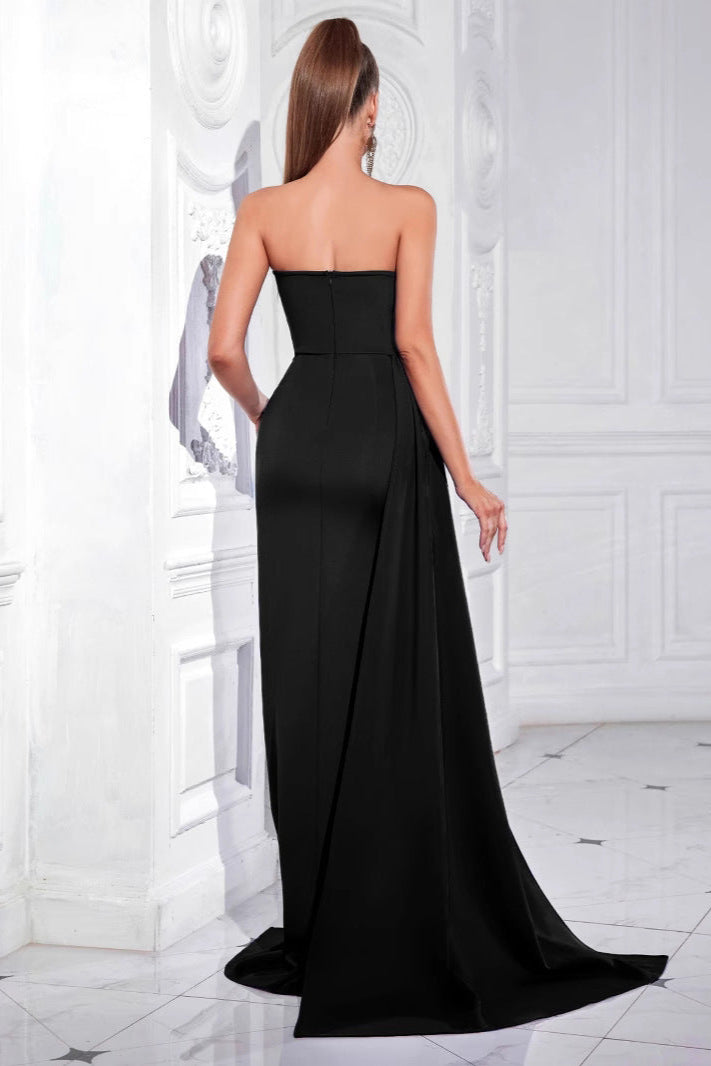 jamie Rhinestones strapless slit maxi dress