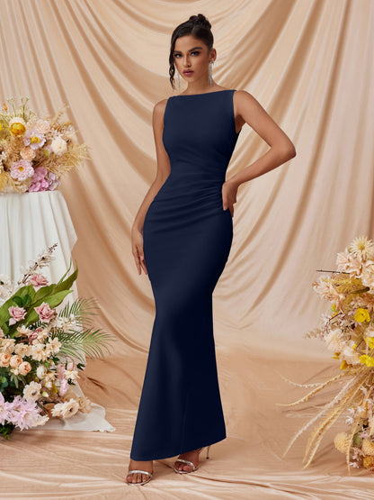 pleated Sleeveless solid color slit slim maxi dress