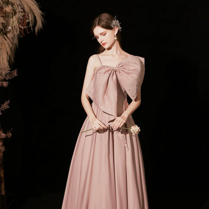 pearl embellished bow strapless maxi dress in pink