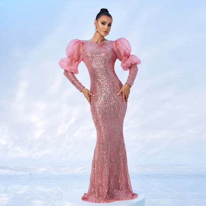 vivien sequin embellished puff sleeve bodycon maxi dress in pink