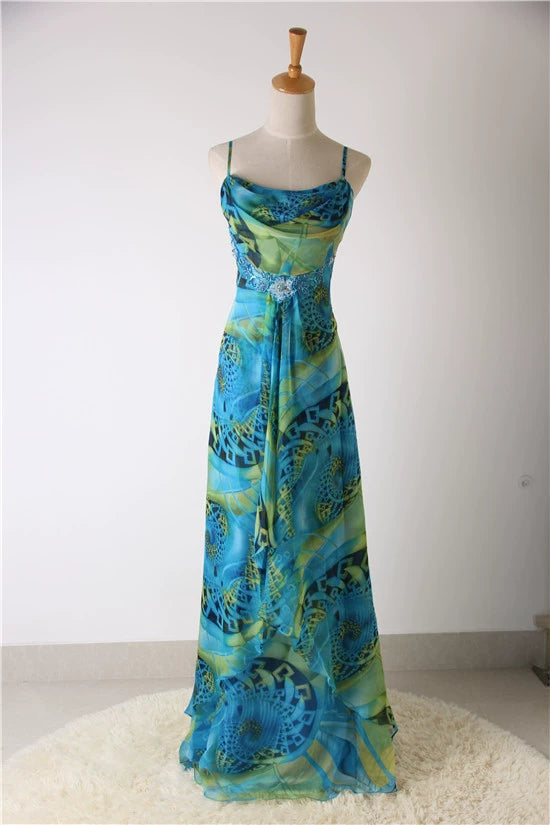 Peacock blue printed chiffon backless beaded evening dress with tie-back