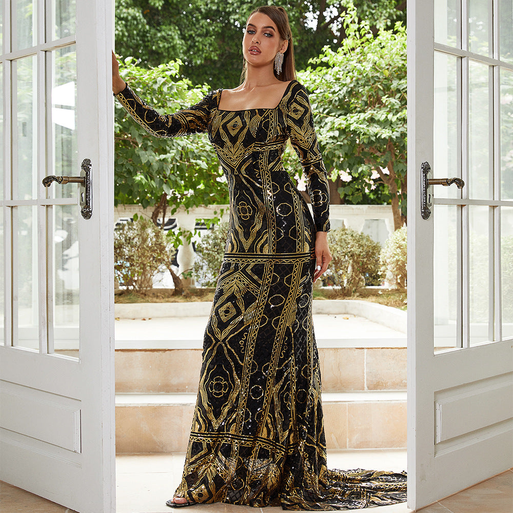 square neck sequin print maxi dress