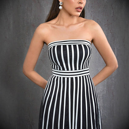 vertical stripe strapless midi dress in black