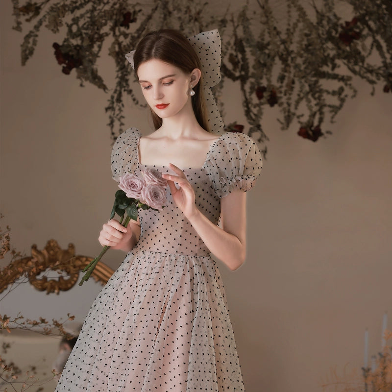 polka dots puff short sleeve midi dress in pink white