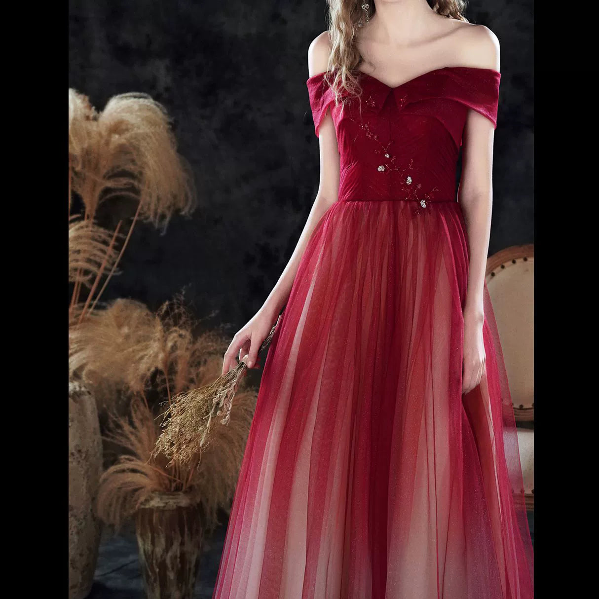 Gradient tulle strapless maxi dress in claret