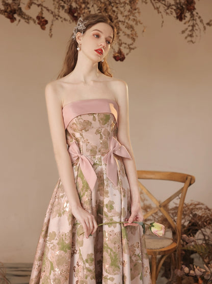 floral print strapless satin maxi dress in pink
