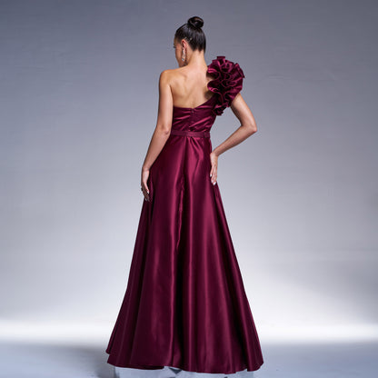 dark purple 3d flower one shoulder satin maxi dress