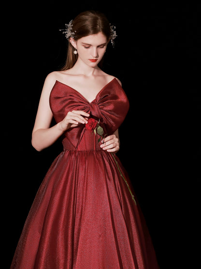 burgundy bow embellished strapless maxi dress