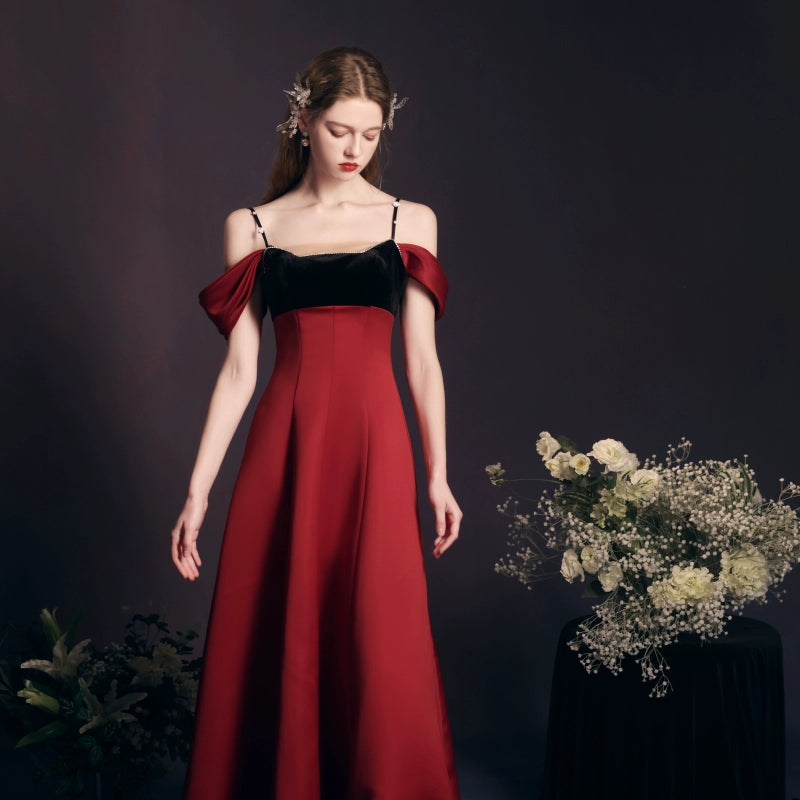 off-shoulder maxi dress in Claret