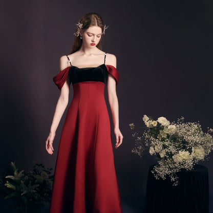 off-shoulder maxi dress in Claret