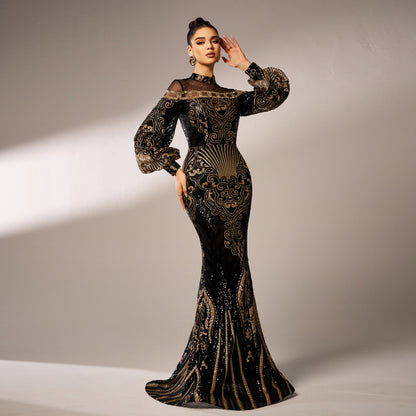 lily Round neck long sequined mesh fishtail evening dress