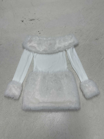 White Strapless faux fur slim mini dress