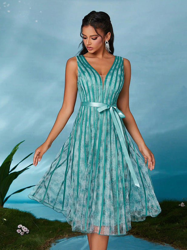 v neck floral print stripe detail belt midi dress in blue