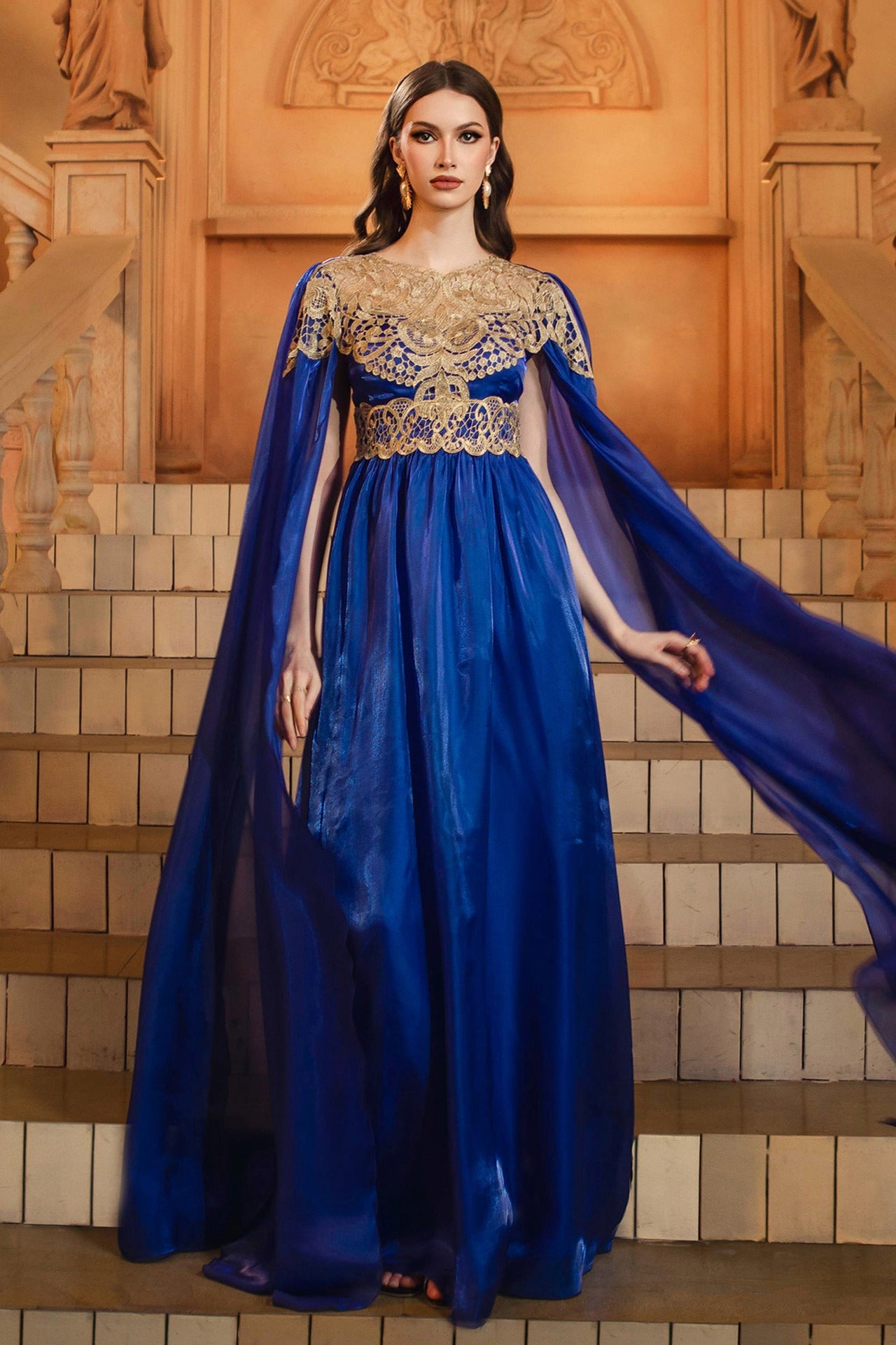 lace banquet swing evening dress in blue