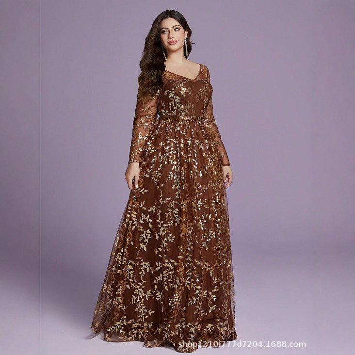 v neck sequin print long sleeve maxi dress in brown