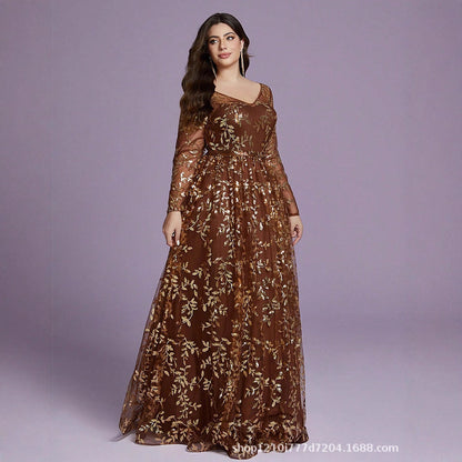 v neck sequin print long sleeve maxi dress in brown