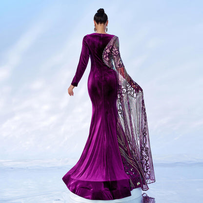 sequin applique pearl detail velvet maxi dress in purple