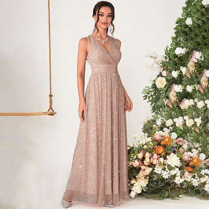 v neck sequin embellished tulle sleeveless maxi dress in pale pink