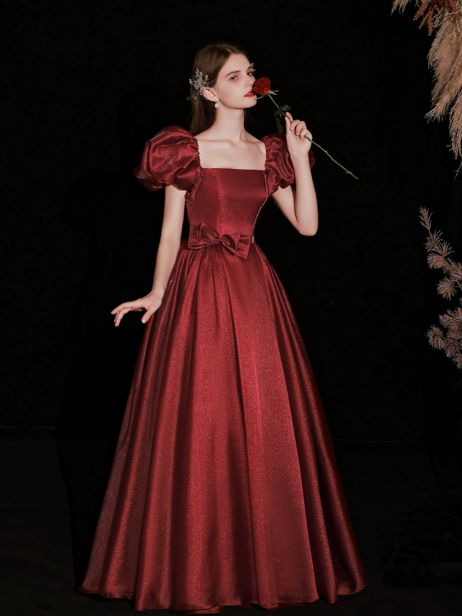 square neck puff short sleeve maxi dress in burgundy