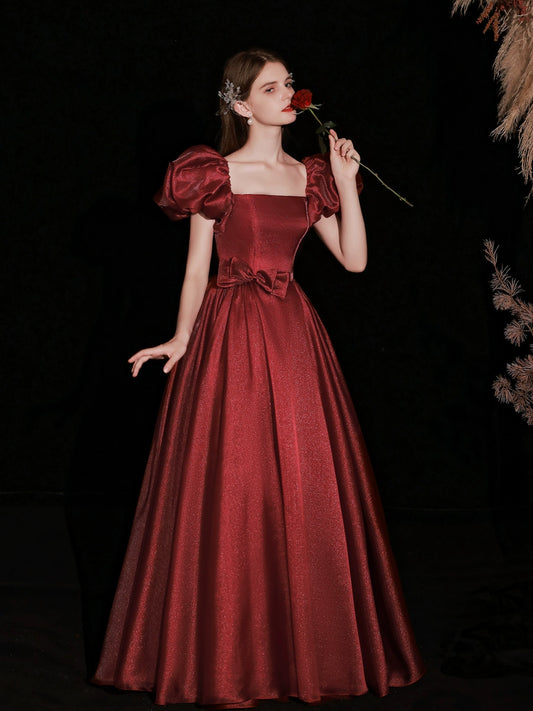 square neck puff short sleeve maxi dress in burgundy