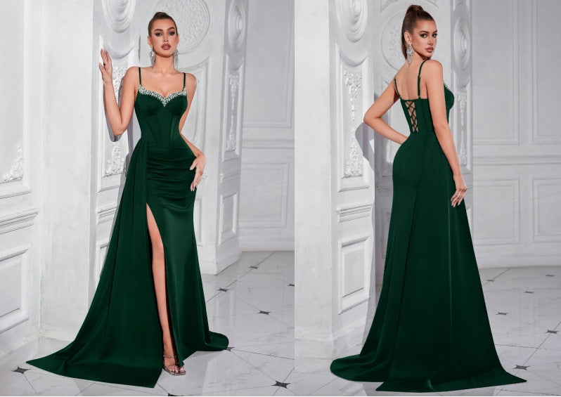 evelyn Rhinestones satin draped high slit maxi dress