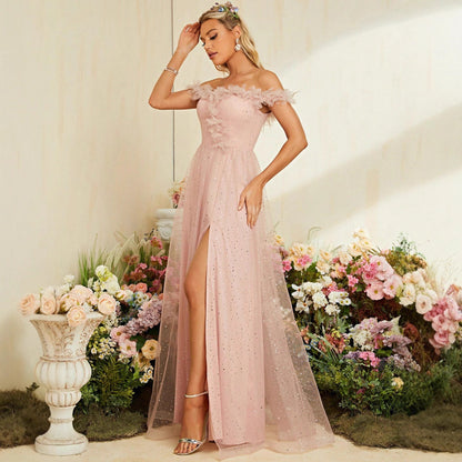 off shoulder flower trim sequin high slit maxi dress in pink