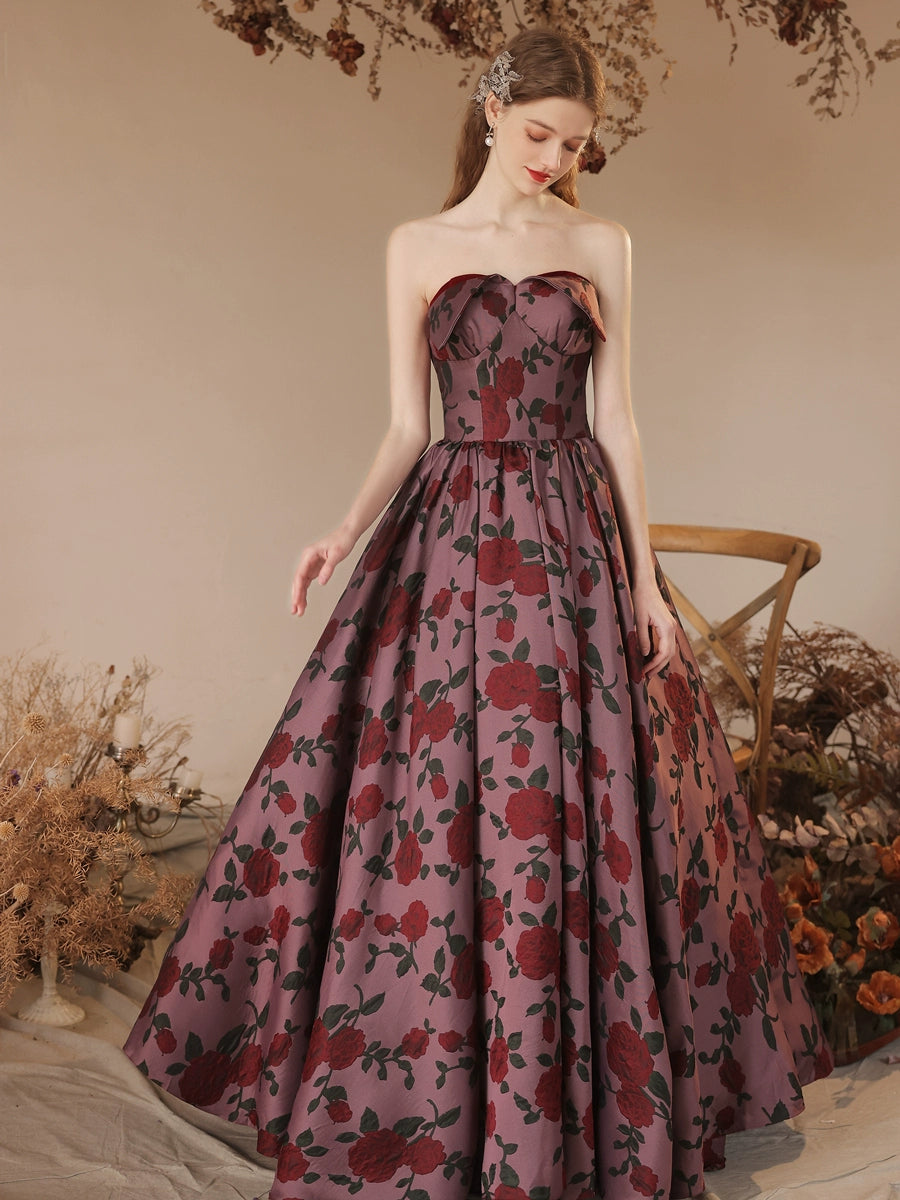 rose floral print strapless maxi dress in claret