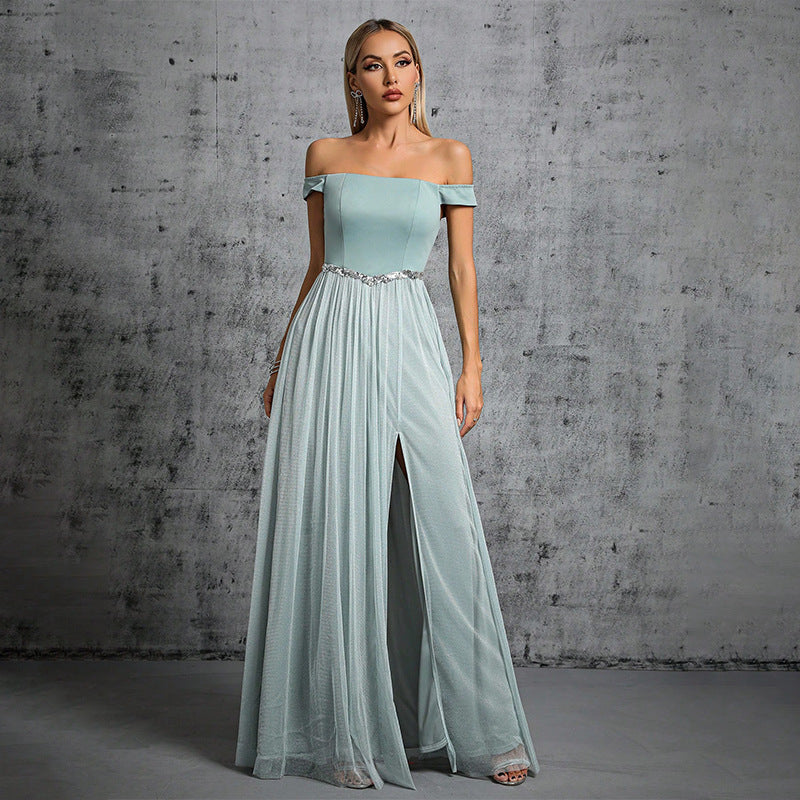 off shoulder rhinestone tulle patchwork satin maxi dress in mint