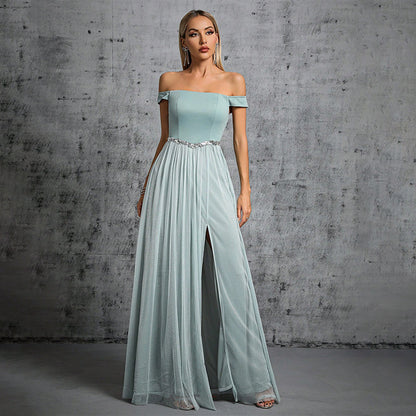 off shoulder rhinestone tulle patchwork satin maxi dress in mint