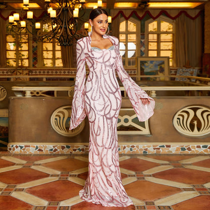 sequin stripe print long sleeve maxi dress in pink