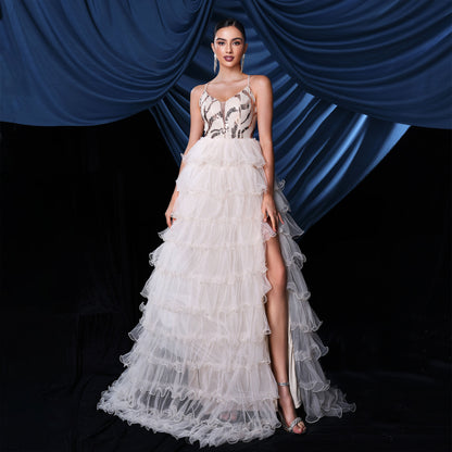 isabel sequin detail tulle layer high slit maxi dress