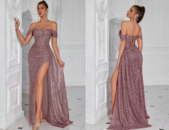 gabrielle Sequined strapless slit evening maxi dress