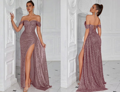 gabrielle Sequined strapless slit evening maxi dress