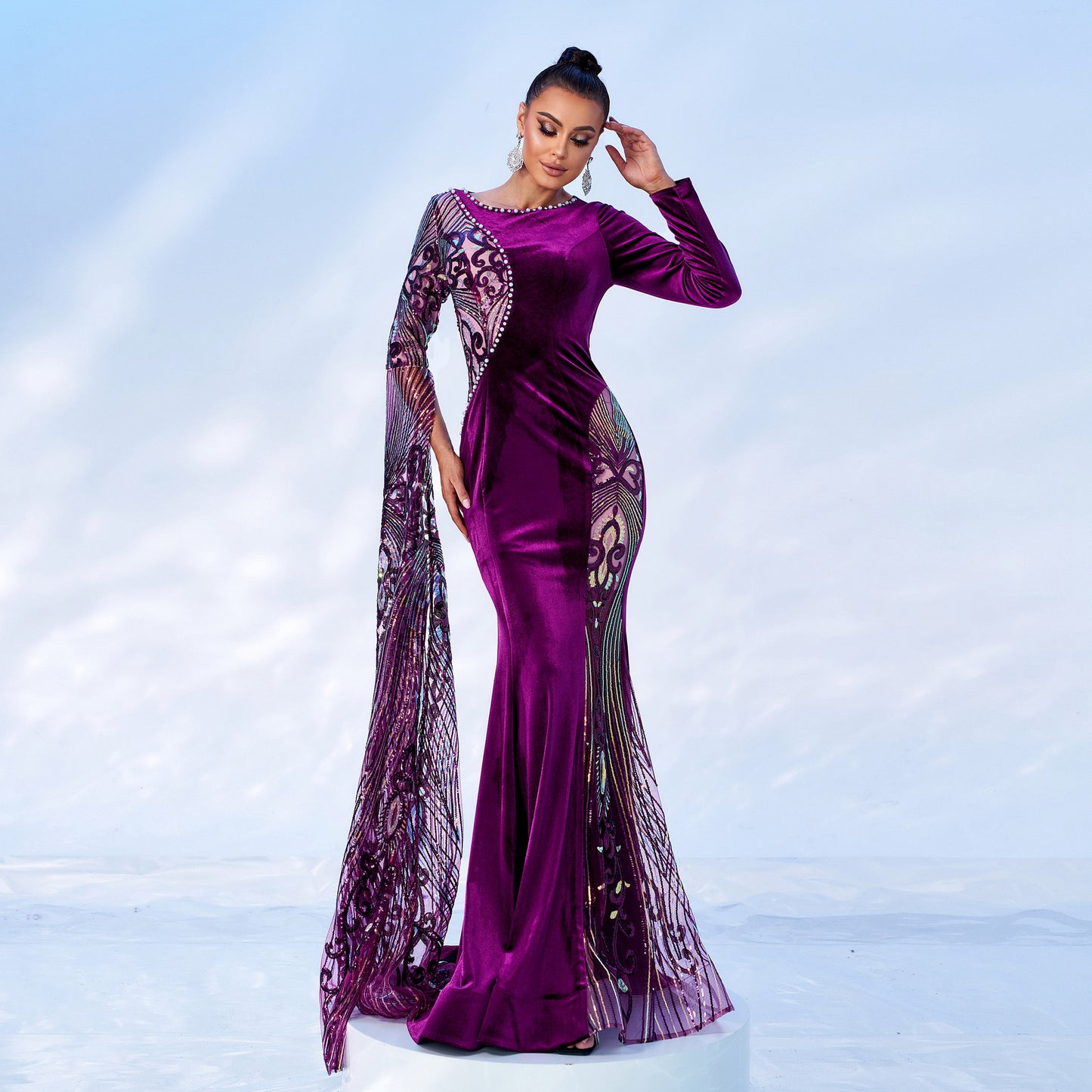 sequin applique pearl detail velvet maxi dress in purple