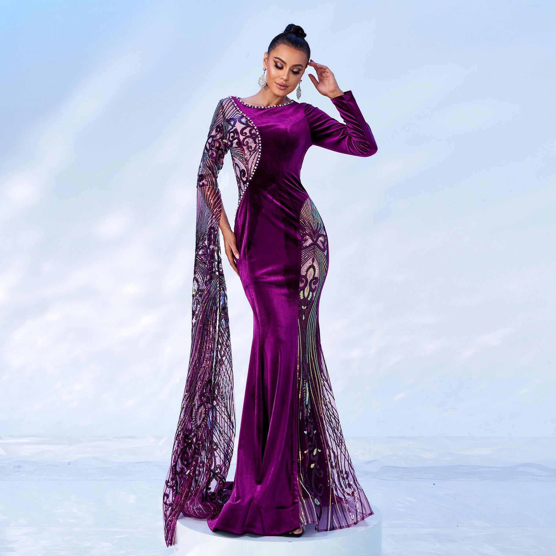 sequin applique pearl detail velvet maxi dress in purple