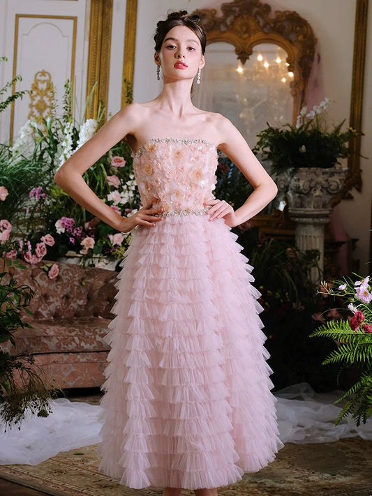 Pink Princess layer ruffle midi floral Embroidery strapless Dress