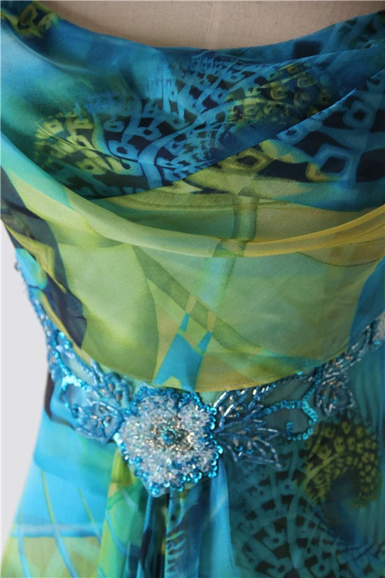 Peacock blue printed chiffon backless beaded evening dress with tie-back