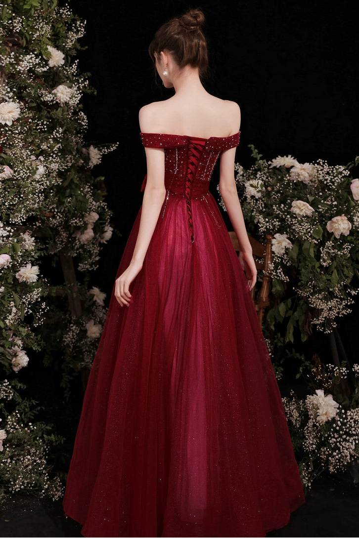 lily off-shoulder sequin maxi dress in Claret