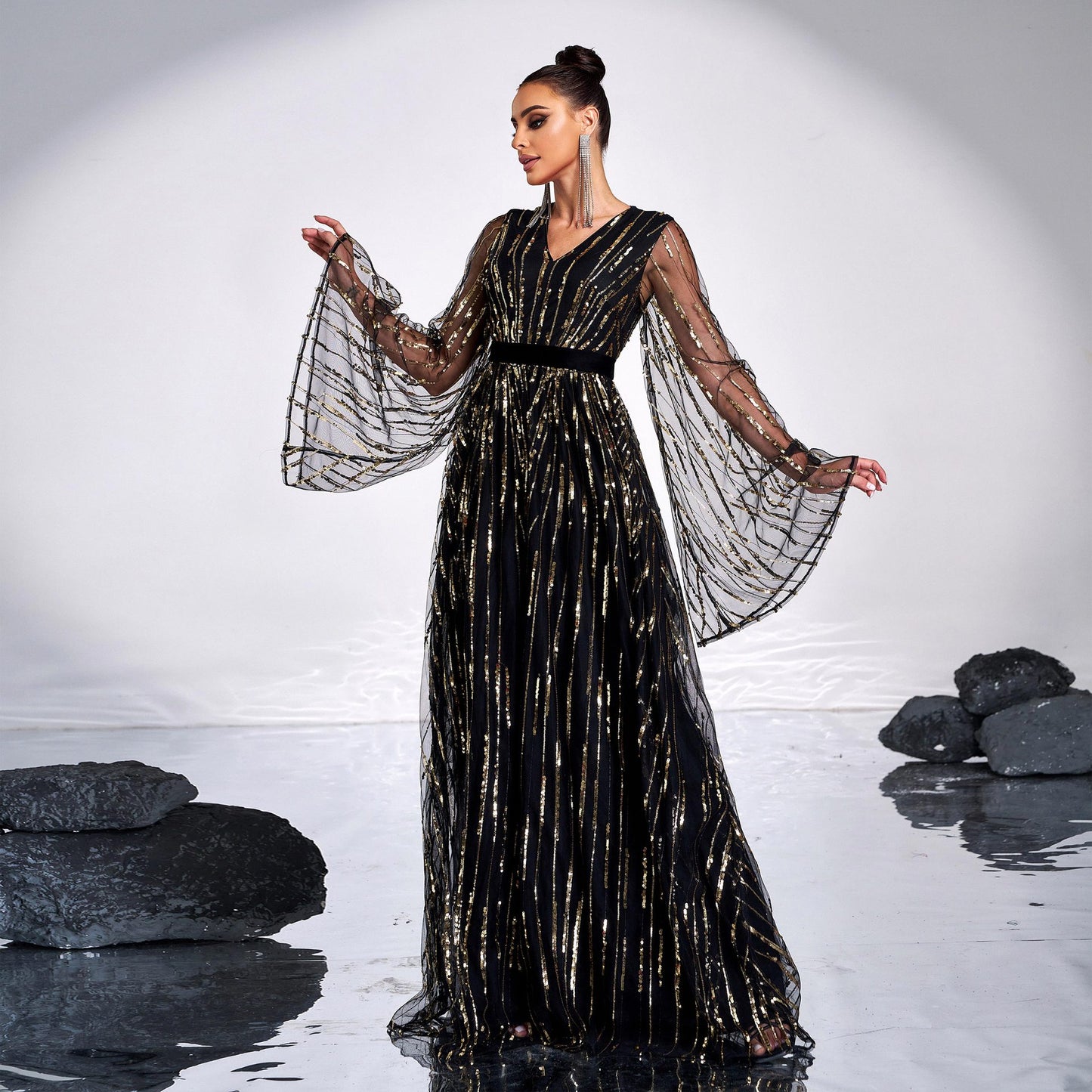 v-neck sequin applique tulle sleeve maxi dress in black