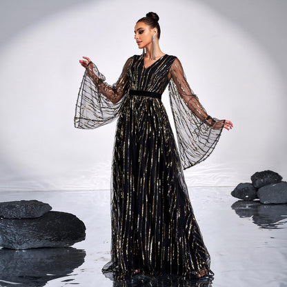 v-neck sequin applique tulle sleeve maxi dress in black
