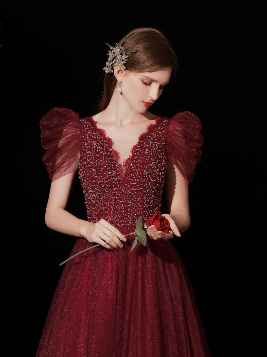 lura sequin v-neck puff short sleeve maxi dress in claret