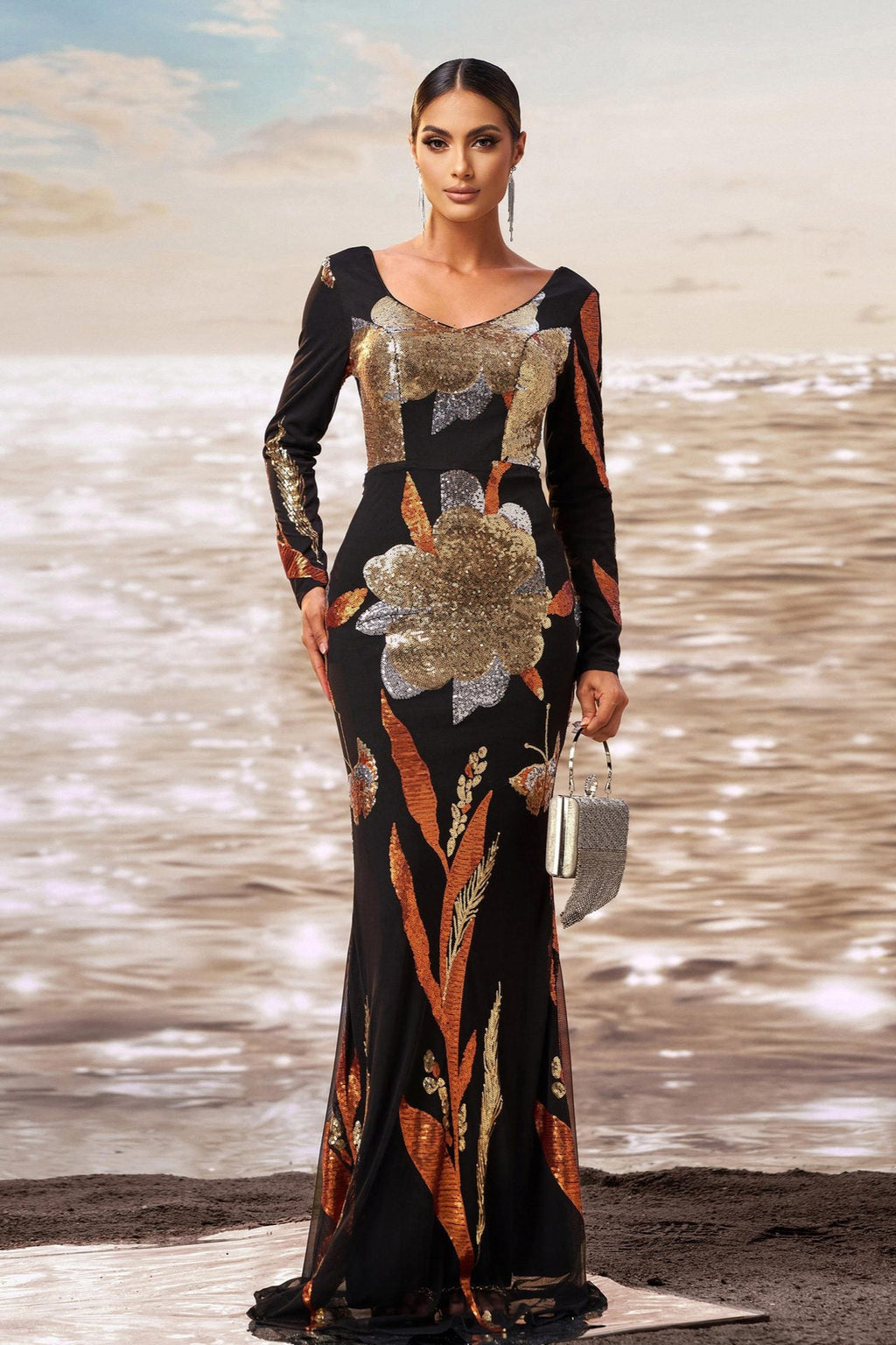 V-neck floral print bodycon sequined evening maxi dress - black/gold