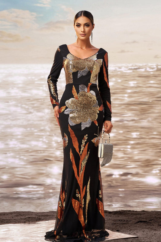 V-neck floral print bodycon sequined evening maxi dress - black/gold