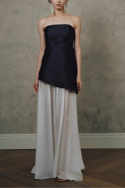 satin Spliced tulle  strapless maxi dress in black and white