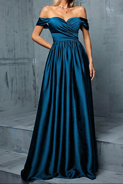 molly off shoulder ruched satin maxi dress in navy blue
