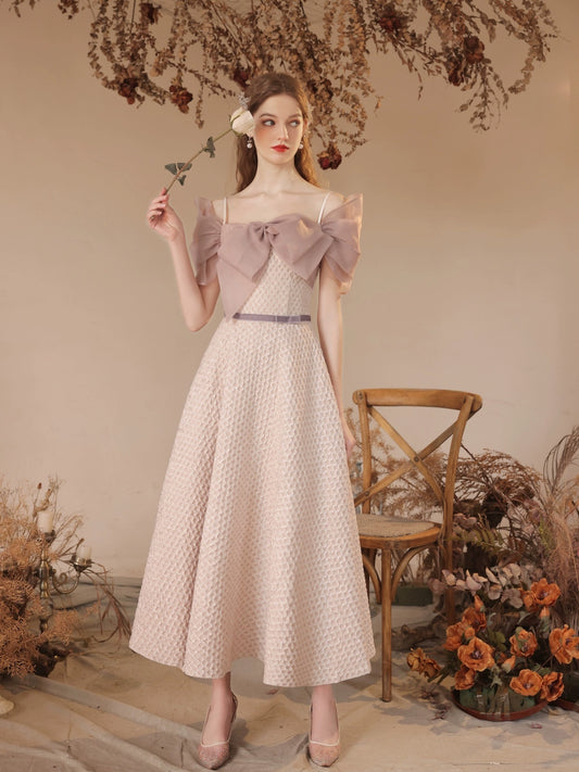 champagne bow embellished plaid maxi dress