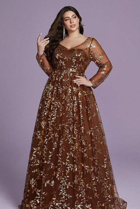 v neck sequin print long sleeve maxi dress in brown