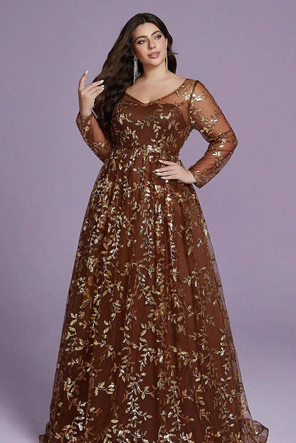 v neck sequin print long sleeve maxi dress in brown